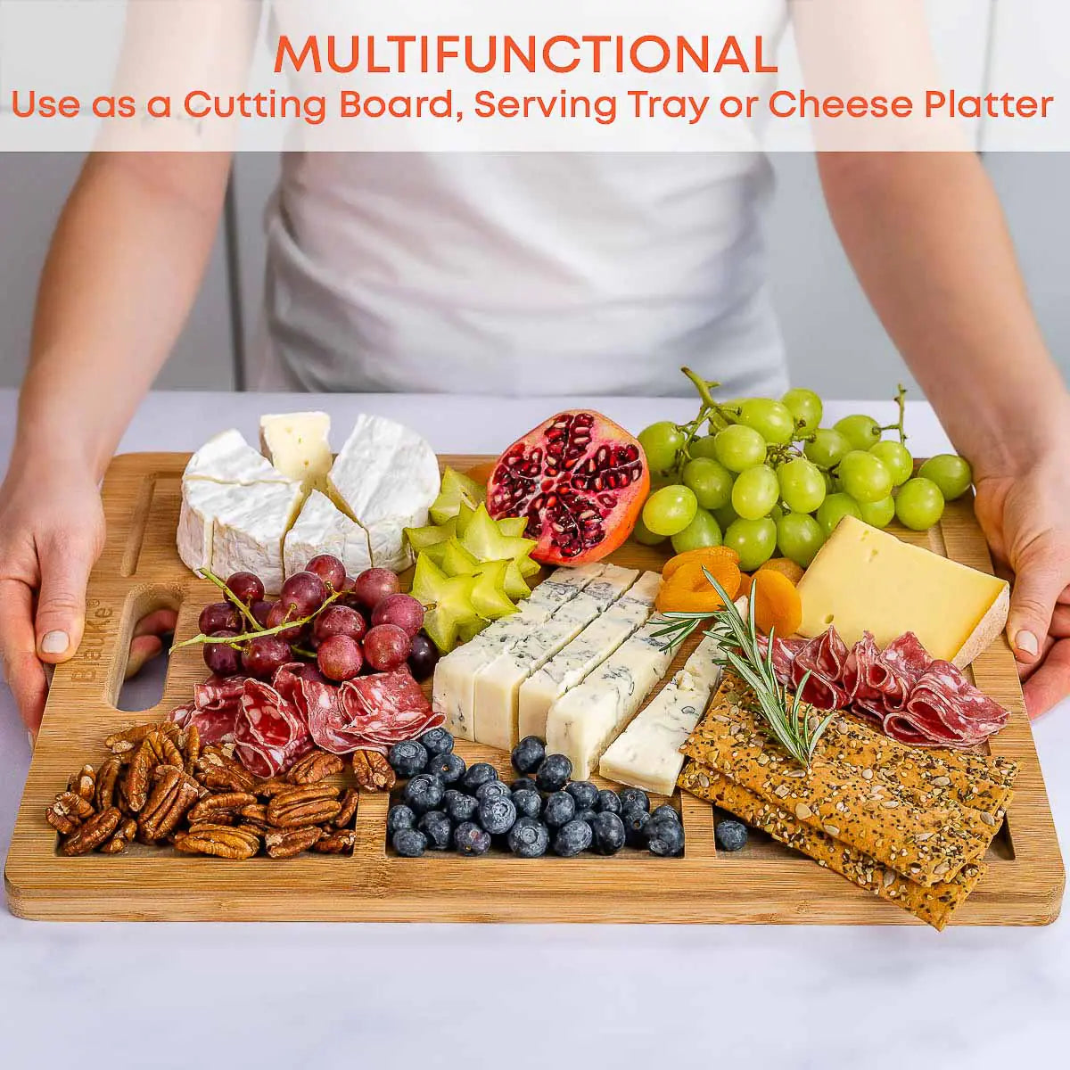 Extra Large Bamboo Cutting Board - with Juice Groove and 3 Compartments 17x12.5 inch