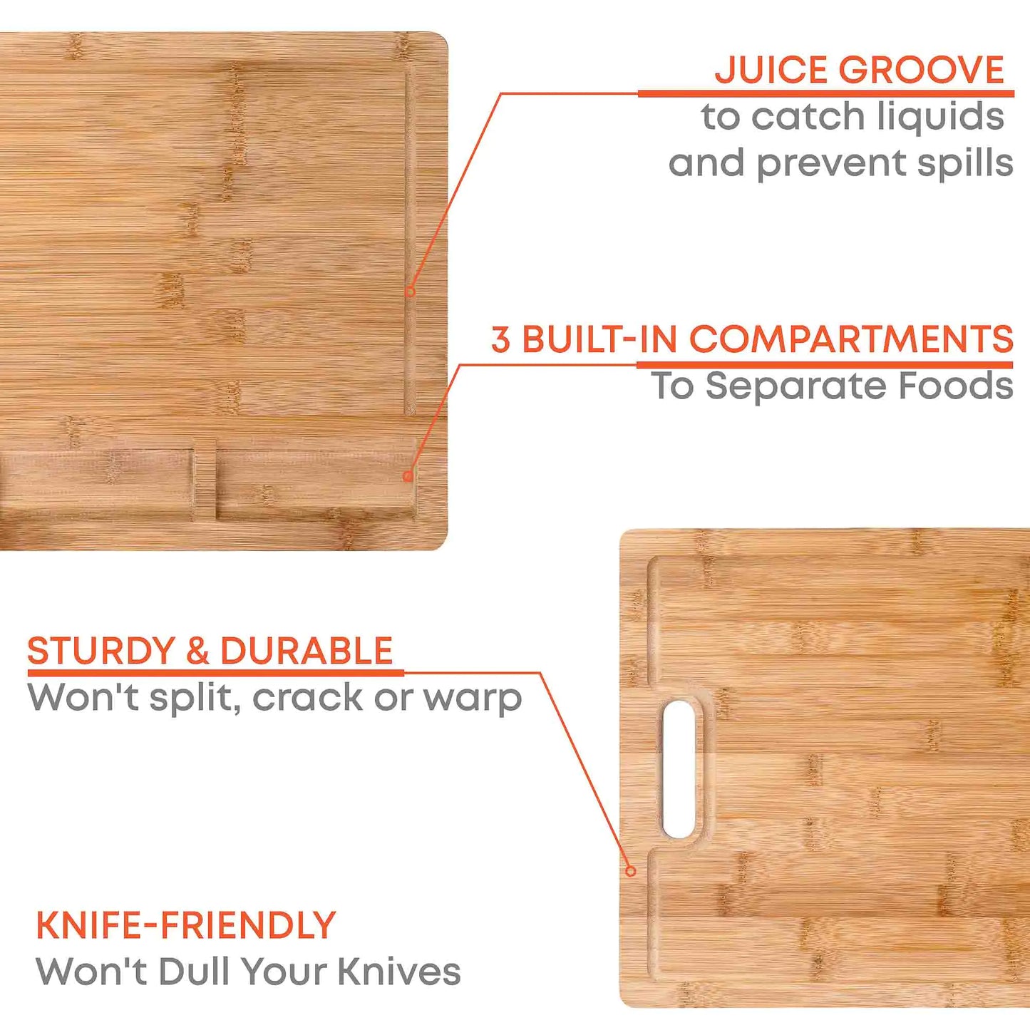 Extra Large Bamboo Cutting Board - with Juice Groove and 3 Compartments 17x12.5 inch