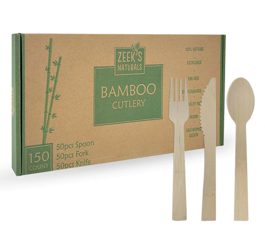 Disposable Bamboo Cutlery Sets - 150 Piece Total: 50 Forks 50 Spoons 50 Knives 6 Inches Length